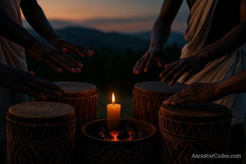 Close-up of Intore warriors’ hands drumming around glowing coals at dusk