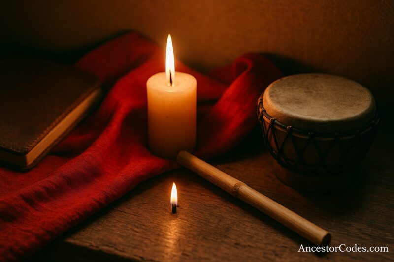 Intore altar items, candle, drum, bamboo spear	