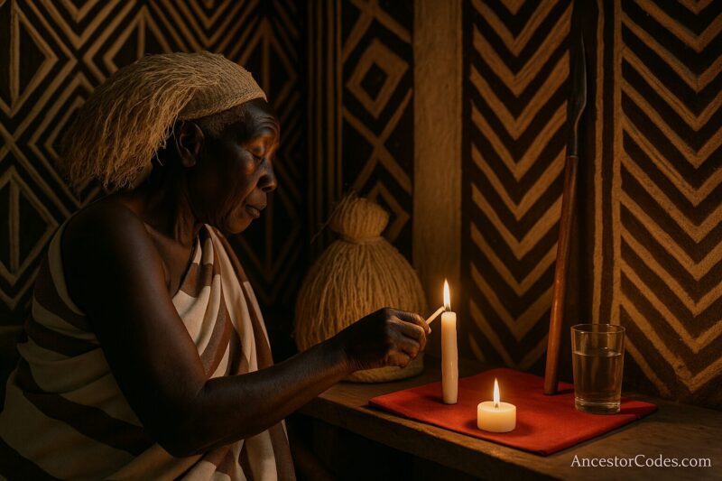 Rwandan elder lighting candle at simple Intore altar inside imigongo hut