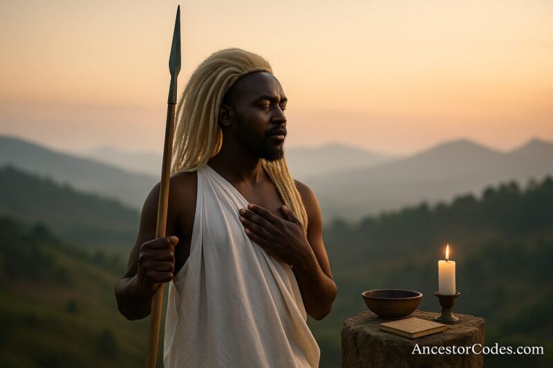Rwandan man with spear at dawn warrior altar
