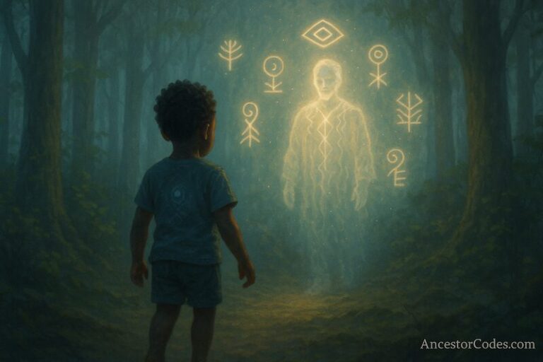 Child meeting ancestral guide in symbolic dream realm