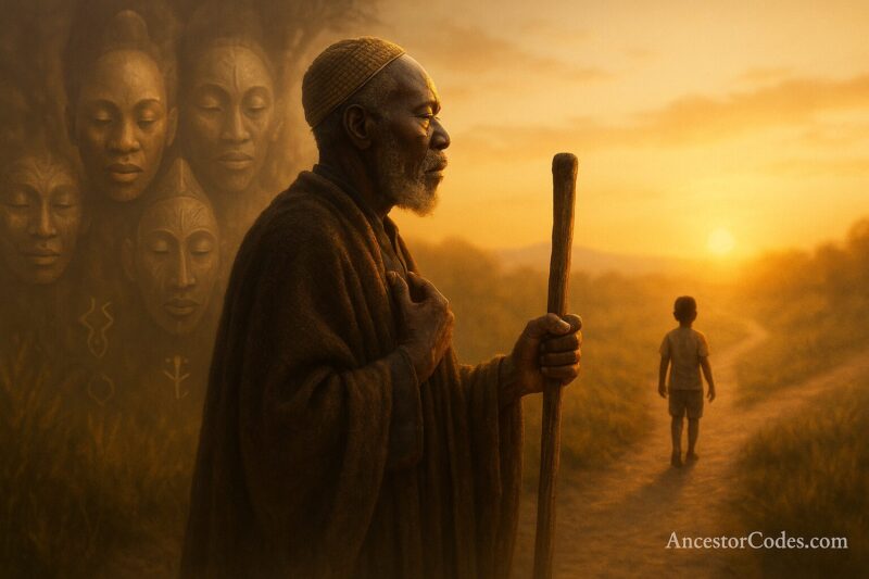 African elder guarding sacred soul paths	